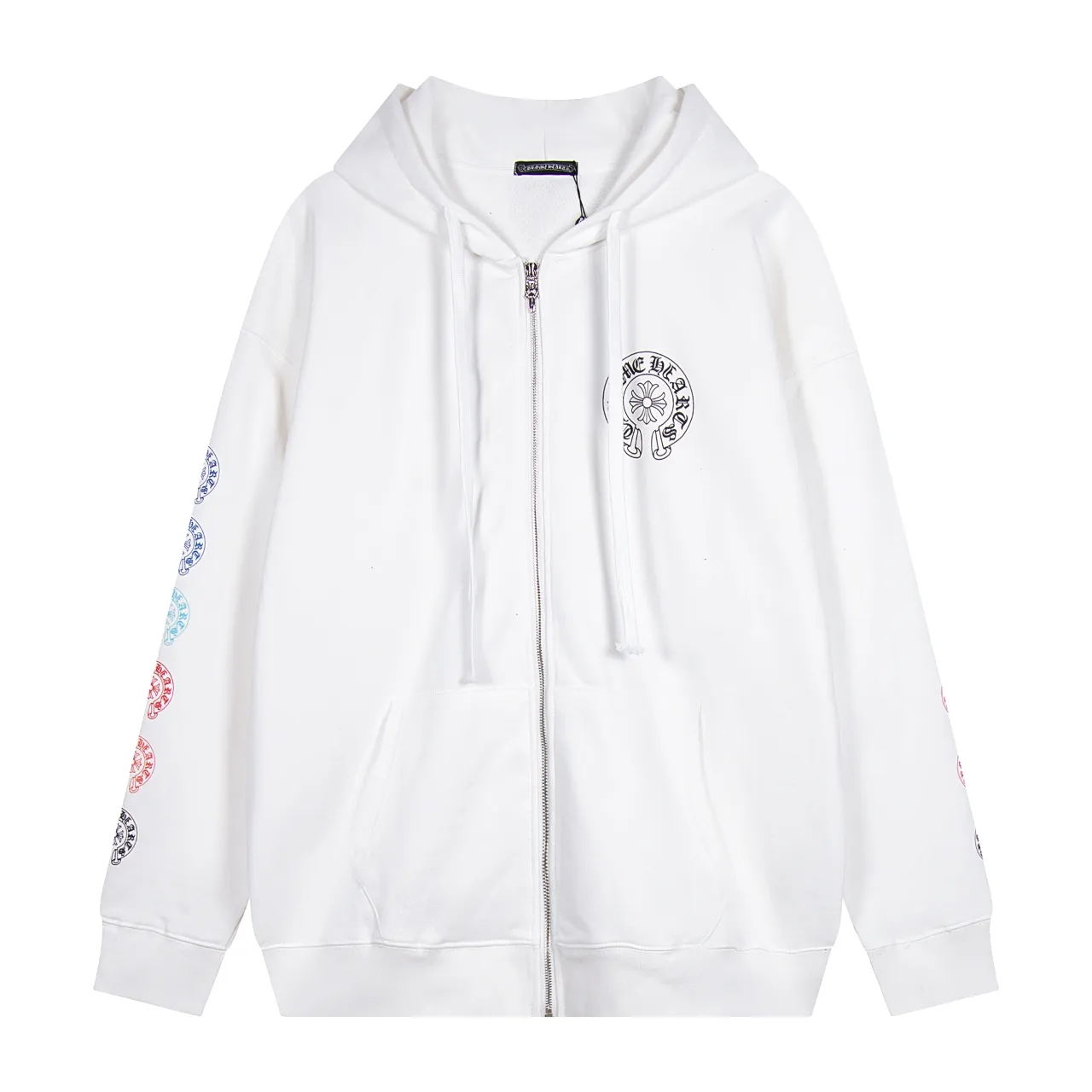 P290 Chrome Hearts Chrome Hearts Rainbow Horseshoe Stamped Cross Cardigan Hooded Sweatshirt Size: S M L XL Color: Black, White